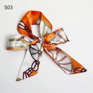 Silk-Feel Orange & White Rope Print Hair Scarf Bow